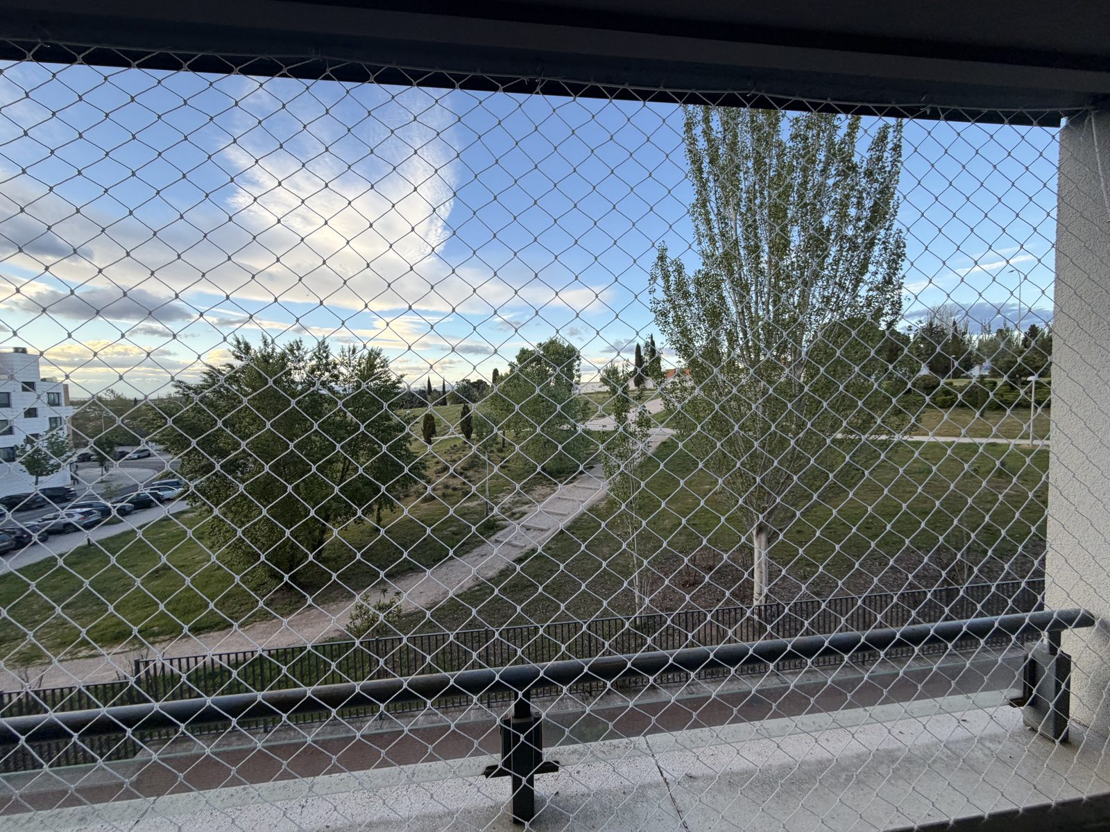 Red de protección en una ventana con vistas a un parque